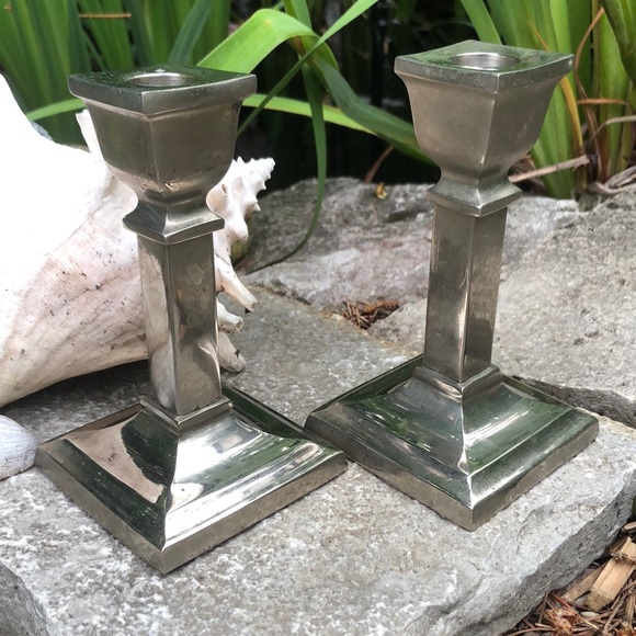 (2) Metal Candle Holders-Silver Toned-Square Base-Tapers-Vintage - Picture 3 of 17